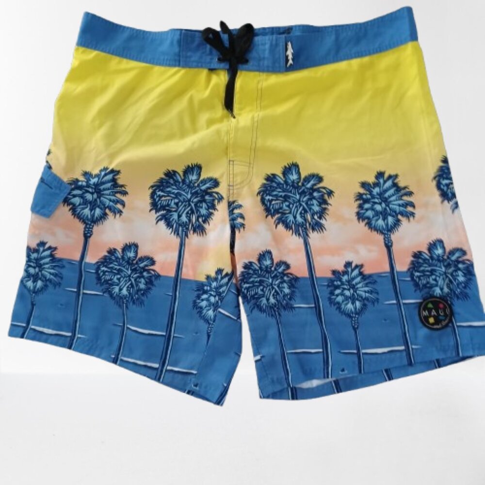 Maui & Sons Swim Trunks Mens Size XL Blue/Yellow Hawaiian